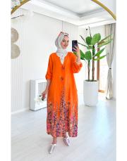 linda ithal tokalı keten elbise turuncu