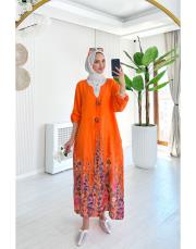 linda ithal tokalı keten elbise turuncu 2