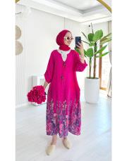 linda ithal tokalı keten elbise fuşya