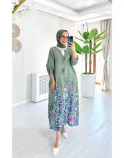 linda ithal tokalı keten elbise haki