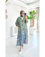 linda ithal tokalı keten elbise haki 2