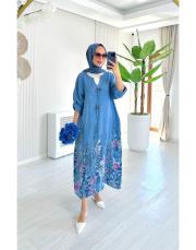 linda ithal tokalı keten elbise indigo