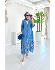 linda ithal tokalı keten elbise indigo 2
