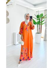 flower ithal keten elbise turuncu