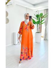 flower ithal keten elbise turuncu 2