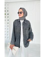 lovely taşlı kot gömlek ceket siyah 2