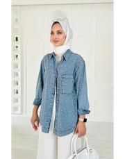 lovely taşlı kot gömlek ceket açık mavi