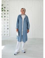 sophia kapşonlu denim kap mavi
