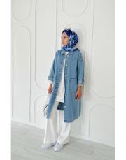 taylor uzun denim kap mavi