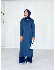 selen kapşonlu pamuk triko elbise lacivert