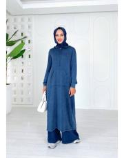 selen kapşonlu pamuk triko elbise lacivert 2