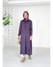 selen kapşonlu pamuk triko elbise mor