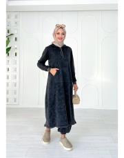 selen kapşonlu pamuk triko elbise siyah