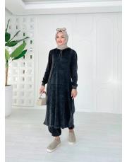 selen kapşonlu pamuk triko elbise siyah 2