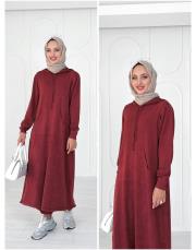 selen kapşonlu pamuk triko elbise bordo