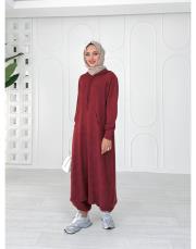 selen kapşonlu pamuk triko elbise bordo 2