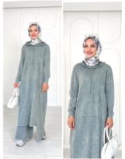 selen kapşonlu pamuk triko elbise gri