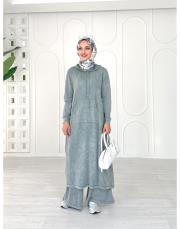 selen kapşonlu pamuk triko elbise gri 2