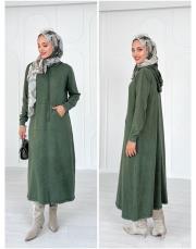 selen kapşonlu pamuk triko elbise haki