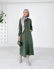 selen kapşonlu pamuk triko elbise haki 2