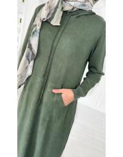 selen kapşonlu pamuk triko elbise haki 3