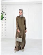 selen kapşonlu pamuk triko elbise kahve