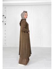 selen kapşonlu pamuk triko elbise kahve 2