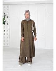 selen kapşonlu pamuk triko elbise kahve 3