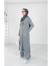 seras tokalı %100 pamuk triko elbise gri