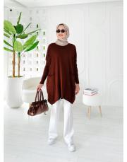 nilsa çift cepli merserize triko tunik acı kahve