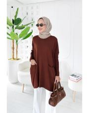 nilsa çift cepli merserize triko tunik acı kahve 2