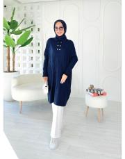 altın düğmeli merserize oversize tunik lacivert