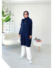 altın düğmeli merserize oversize tunik lacivert 3