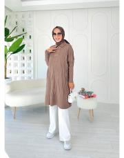 altın düğmeli merserize oversize tunik latte 3