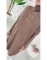 altın düğmeli merserize oversize tunik latte 4