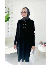 altın düğmeli merserize oversize tunik siyah