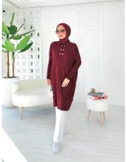 altın düğmeli merserize oversize tunik bordo