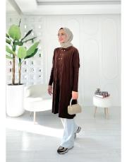 altın düğmeli merserize oversize tunik kahve
