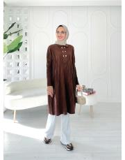 altın düğmeli merserize oversize tunik kahve 2