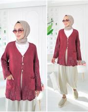 yale pamuk triko dantelli hırka bordo