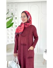 sırma püsküllü pamuk triko elbise bordo 2