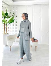 sırma püsküllü pamuk triko elbise gri