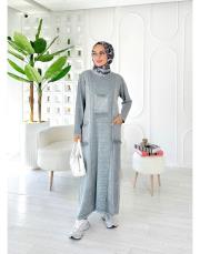 sırma püsküllü pamuk triko elbise gri 2