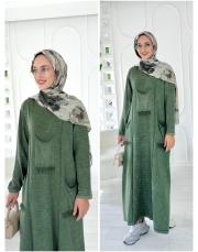 sırma püsküllü pamuk triko elbise haki