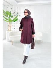 camila oversize kadife detaylı astarlı trenç bordo