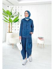 melanin pamuk triko şalaş pantolonlu takım lacivert