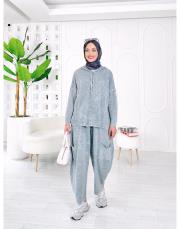 melanin pamuk triko şalaş pantolonlu takım gri