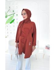 flower ithal iki ip nakışlı tunik kiremit