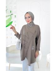 flower ithal iki ip nakışlı tunik vizon