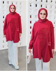 flower ithal iki ip nakışlı tunik bordo
